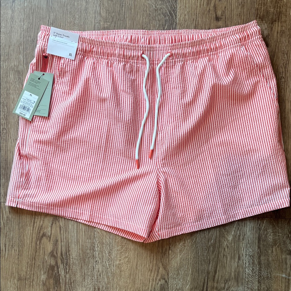 Men's coral/white Striped Drawstring Swim shorts